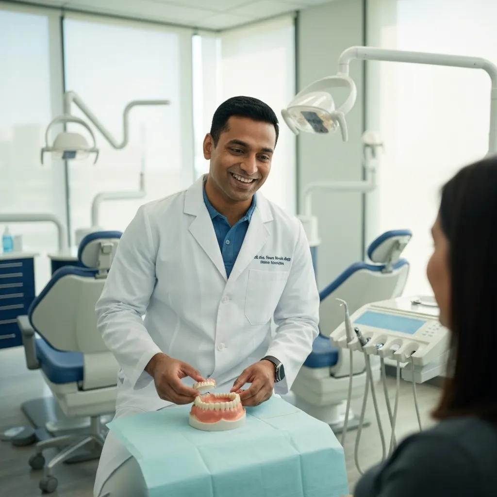 Cosmetic dentist consulting with a patient about porcelain veneers in a welcoming dental office
