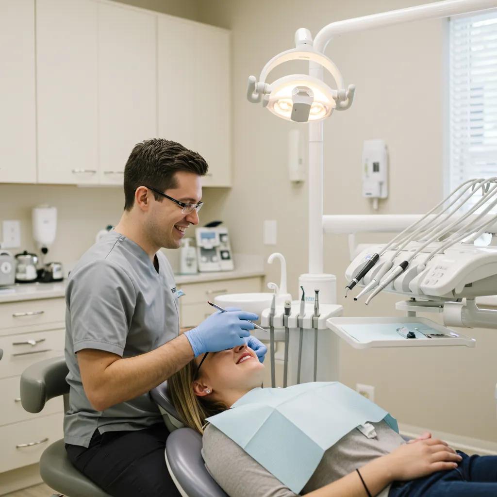 Emergency dental care scene with a dentist and patient in a welcoming clinic