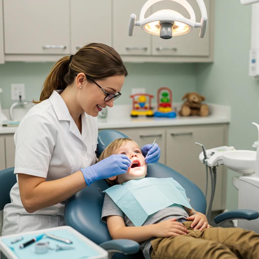 A child smiling while a pediatric dentist gently examines their teeth in a fun, child-friendly dental office